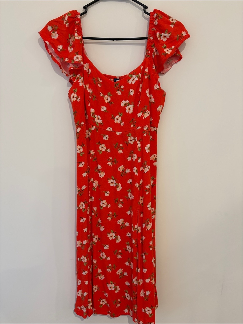 Old Navy Red Floral Midi Dress with Puff Sleeves